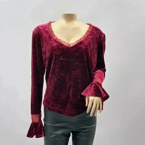VTG CC Outlaw Top L Women Red Velvet Y2K Bell Sleeve V-Neck Velour Gothic Shirt